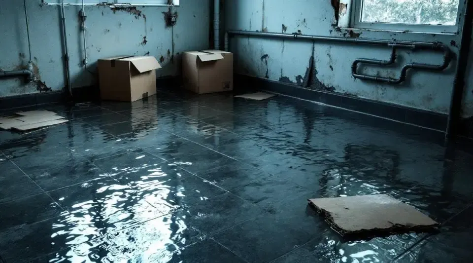 IICRC certified technician measuring moisture levels and calculating structural drying costs in a flooded basement