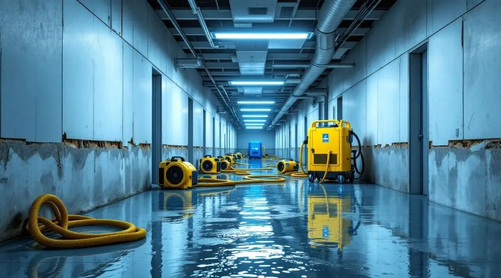Nision Restoration technicians operating high-capacity water extractors and air movers in a flooded Cincinnati commercial lobby.