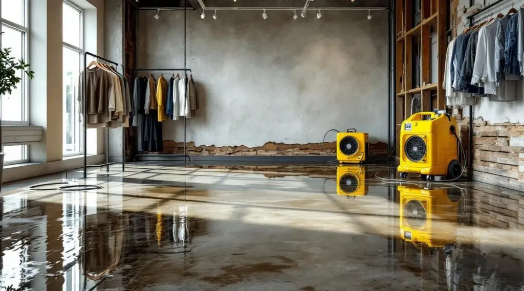 Commercial restoration technicians using industrial water extractors on a flooded retail floor in Cincinnati.