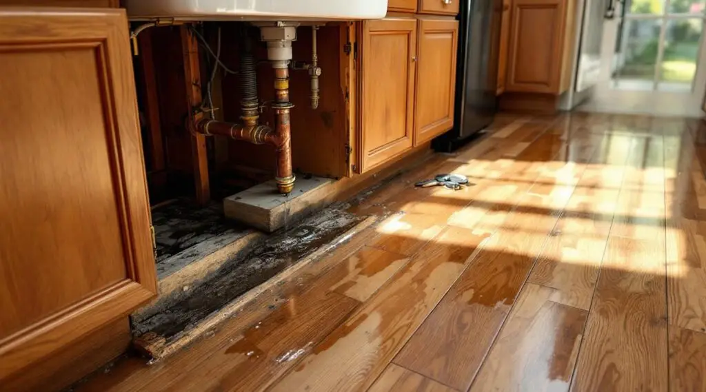 Restoration technician performing moisture mapping on kitchen cabinets in a Cincinnati home after a dishwasher leak.