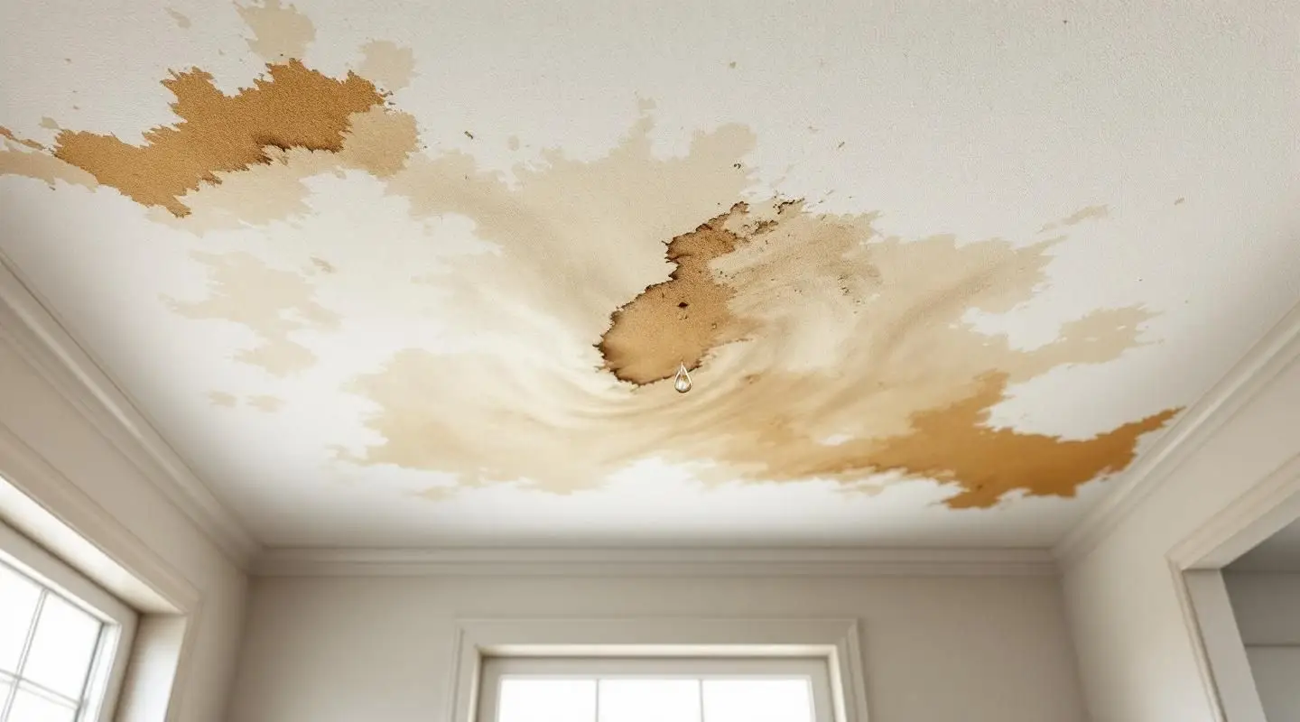 A Nision Restoration technician using a moisture meter on a water-stained tray ceiling in Cincinnati.