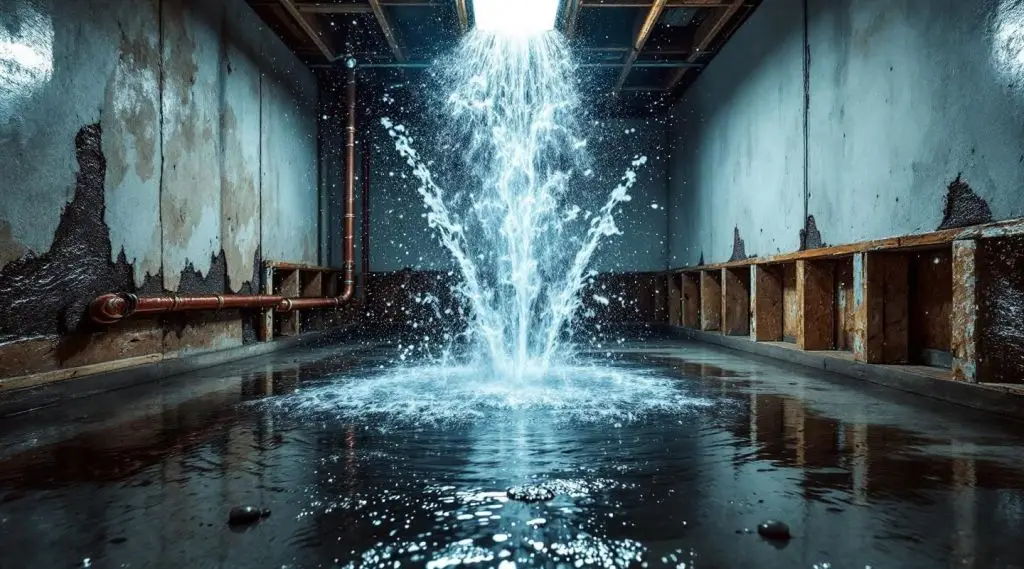 Professional water extraction equipment in a flooded Cincinnati basement following a copper supply pipe burst emergency.