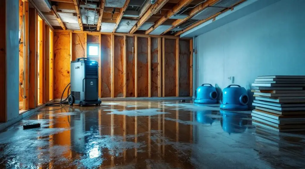 Nision Restoration technician using professional water extraction tools in a flooded Cincinnati home with high-powered air movers.