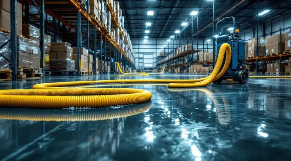 Nision Restoration crew using industrial truck-mounted extractors on a flooded warehouse floor in Cincinnati.