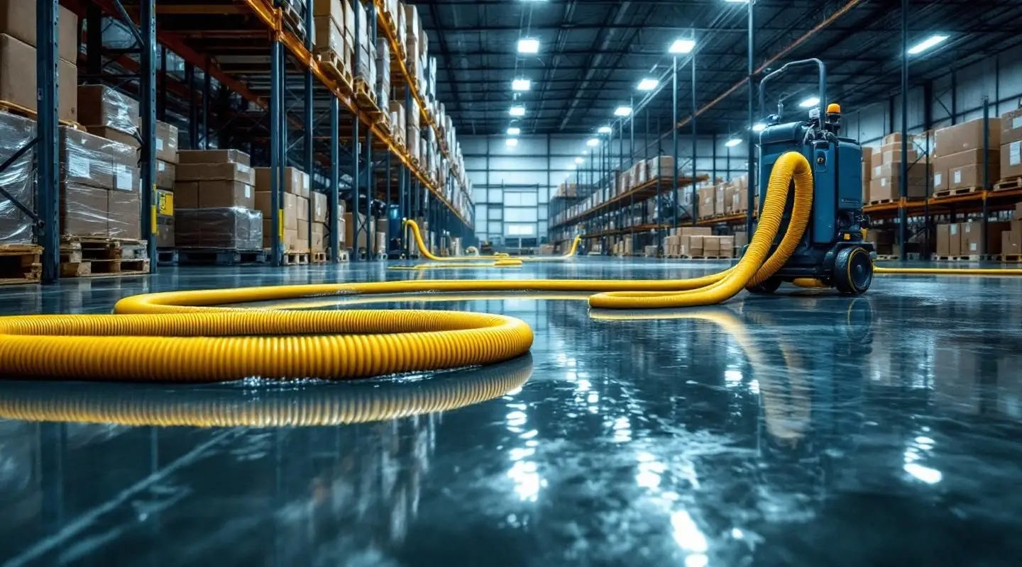 Nision Restoration crew using industrial truck-mounted extractors on a flooded warehouse floor in Cincinnati.