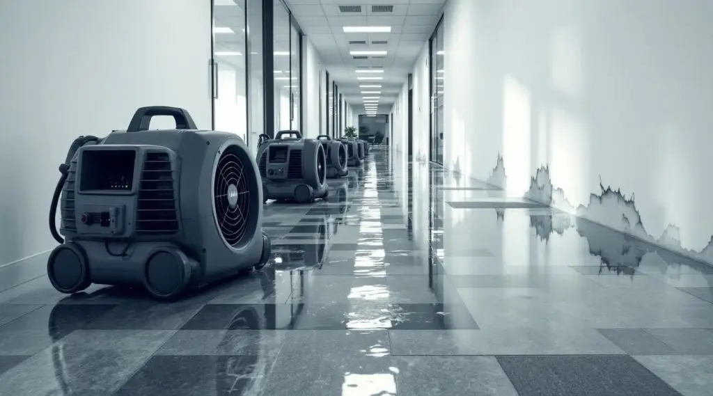 Restoration technicians using industrial water extractors and air movers in a flooded Cincinnati office building lobby.
