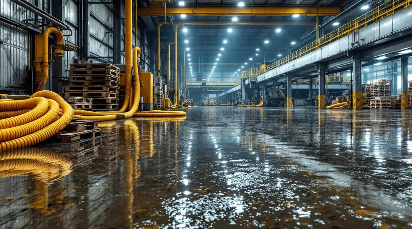 Professional restoration crew operating high-capacity water extractors in a flooded industrial warehouse in Cincinnati.