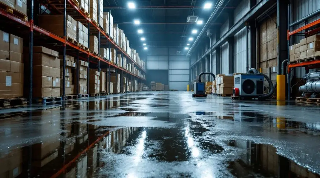 Professional water restoration crew deploying industrial dehumidifiers and air movers on a flooded warehouse floor in Cincinnati.