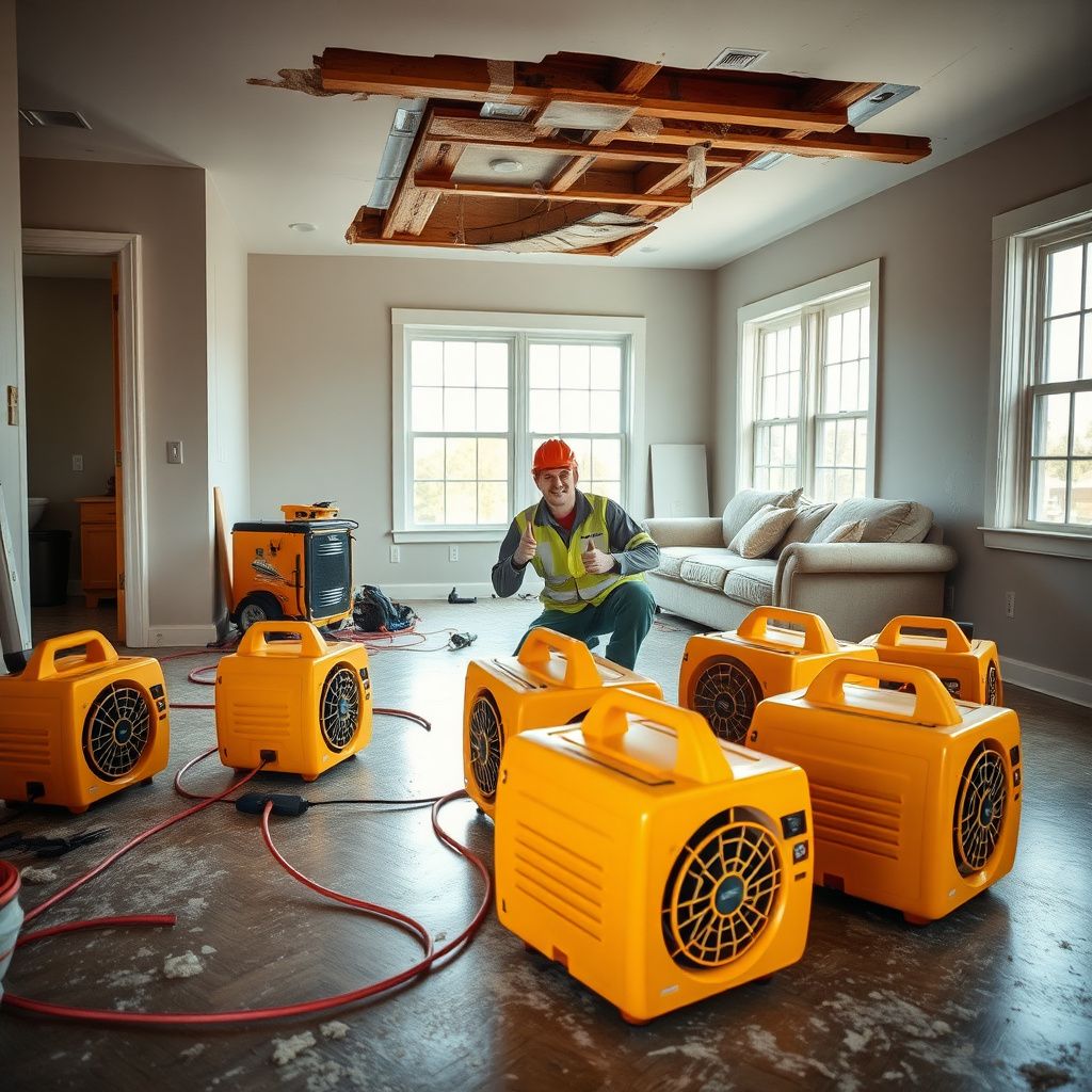 An IICRC-certified technician explaining the drying process to a Deer Park homeowner in a recently flooded basement.