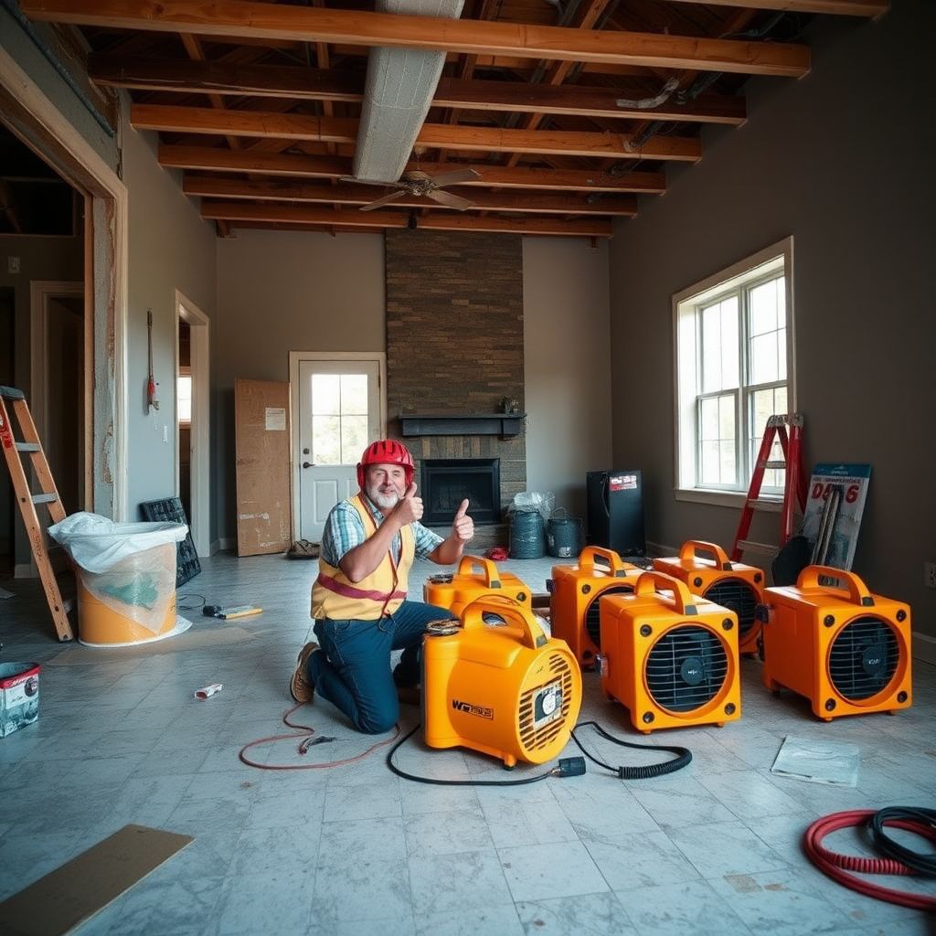 A clean, organized restoration setup in a Milford home featuring professional-grade air movers and dehumidifiers.