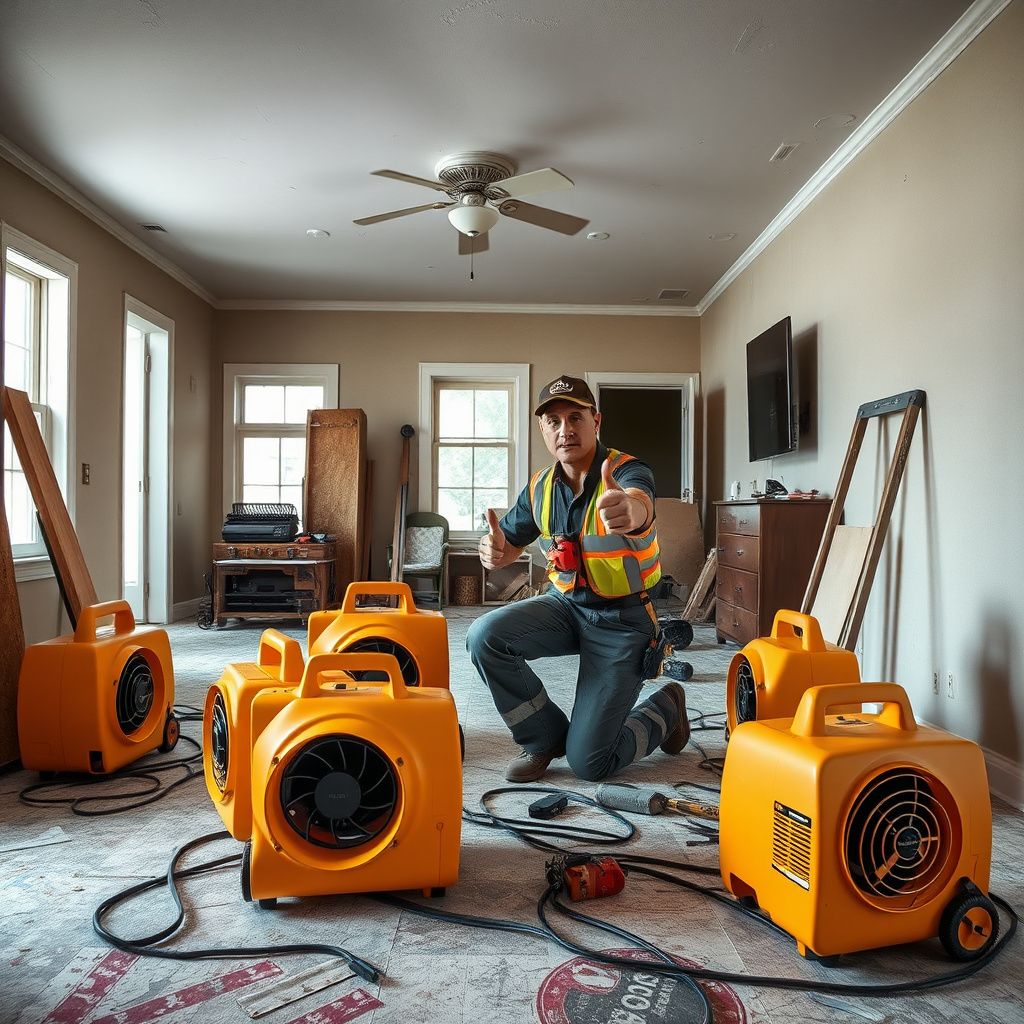 A high-velocity air mover and professional dehumidifier set up in a finished Reading basement to prevent mold growth.