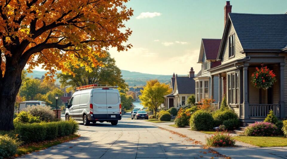 A cinematic view of a quiet Milford residential street near the Little Miami River at dusk with a restoration van parked.