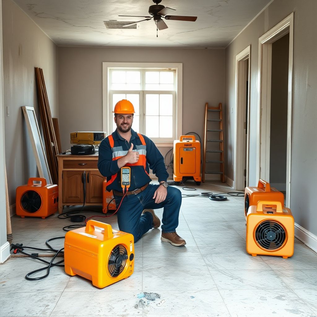 A clean, organized drying setup in a Montgomery basement with industrial dehumidifiers and air movers in place.