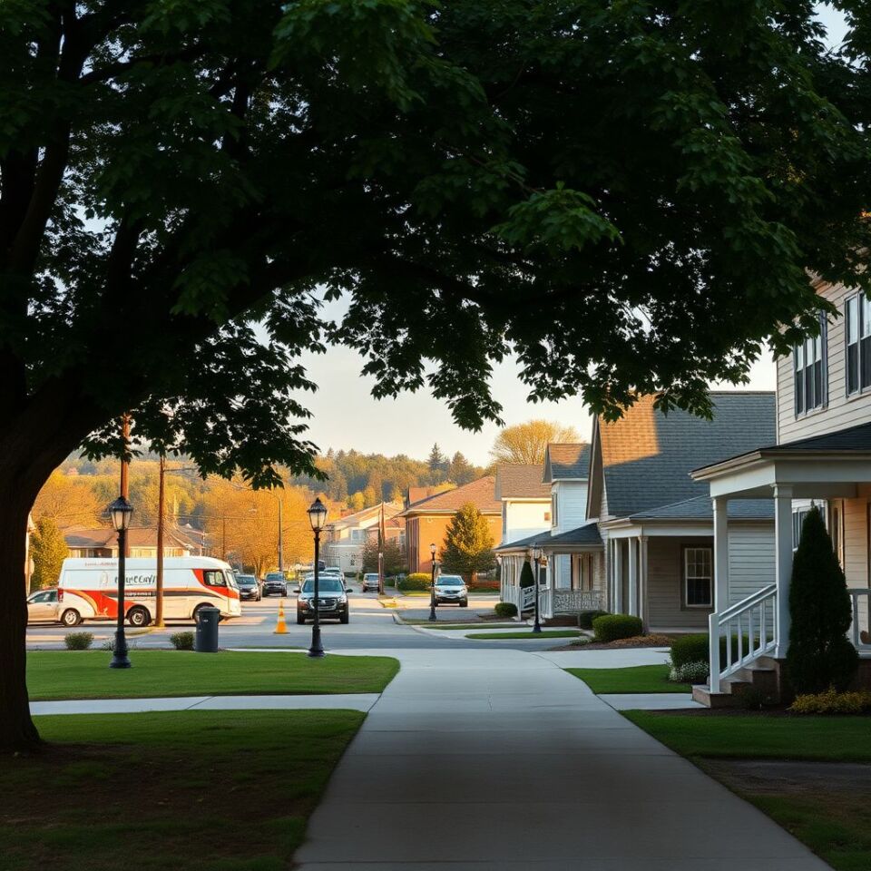 A Nision Restoration vehicle parked on a quiet Silverton residential street lined with mid-century brick ranch homes.