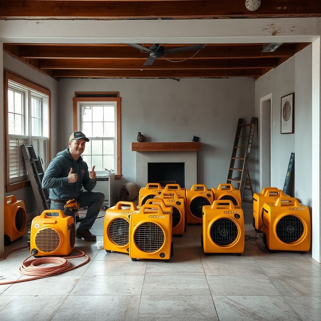 High-powered industrial air movers and a dehumidifier drying a flooded basement in a Norwood home.