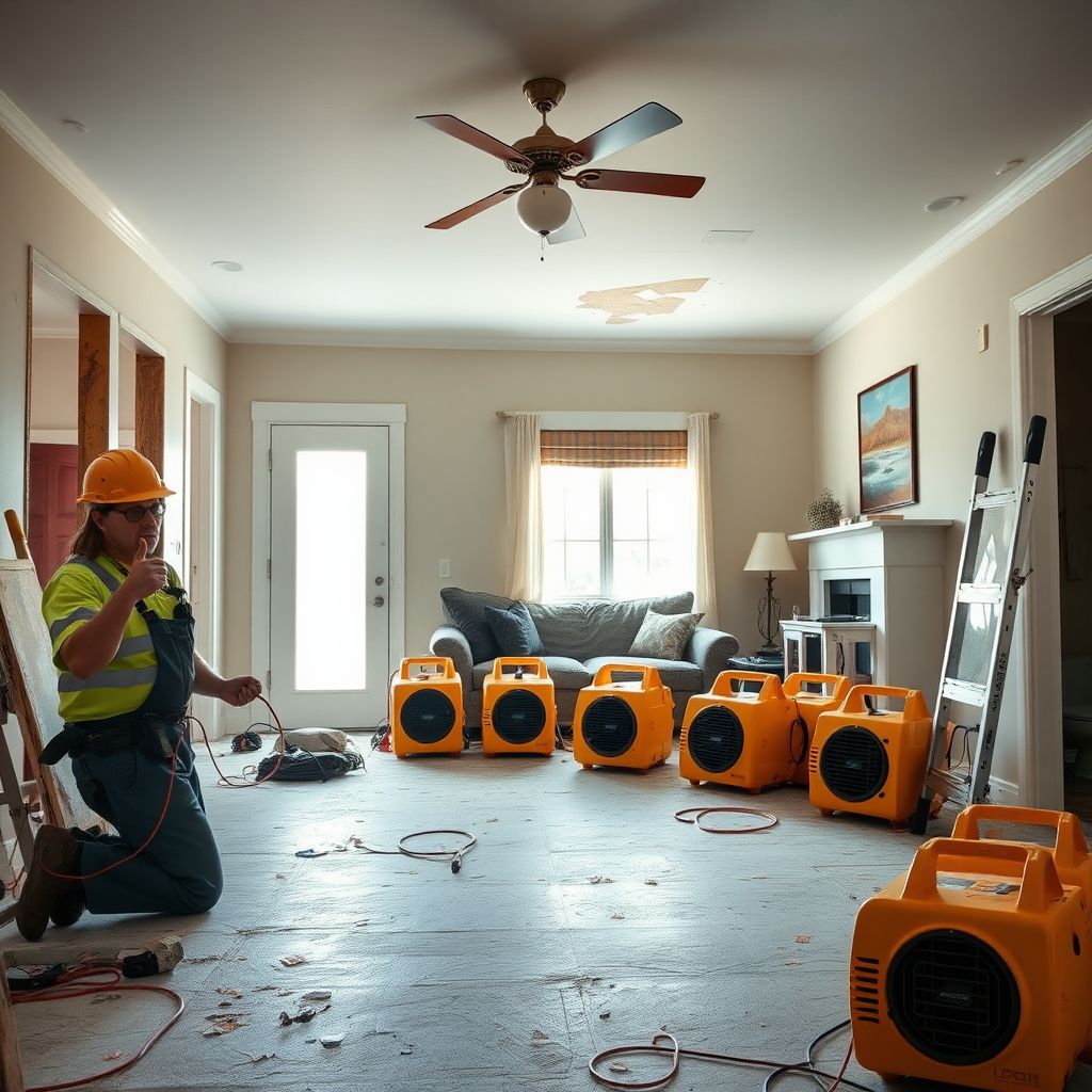 A clean, organized restoration setup in a Madeira basement with high-efficiency dehumidifiers and air movers.