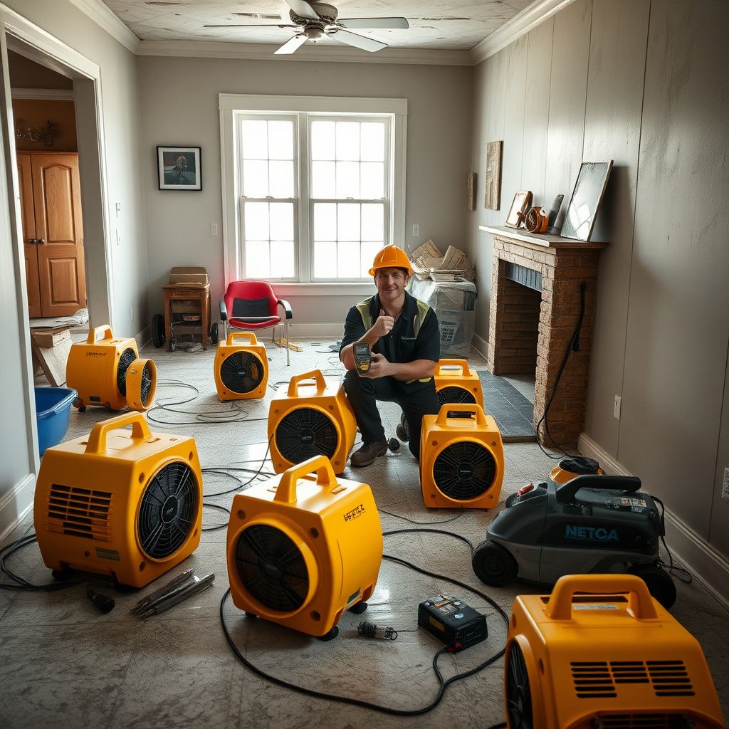 A clean, organized set of industrial dehumidifiers and air movers ready for deployment in a Mason basement.
